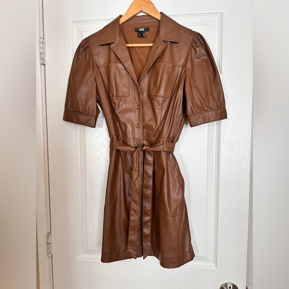 PAIGE Amina Brown Vegan-Leather Short Dress with belt - Size Sm - Picture 3 of 10